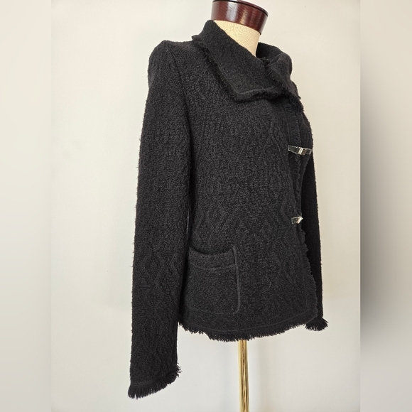LUISA SPAGNOLI ITALY Virgin Wool Boucle Black Sweater with Fringed Hem. Size S - Picture 8 of 16